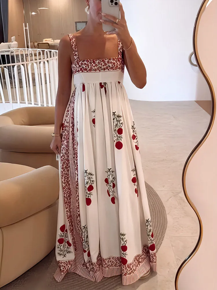 Blumendruck-Maxikleid mit quadratischem Ausschnitt und Einsätzen