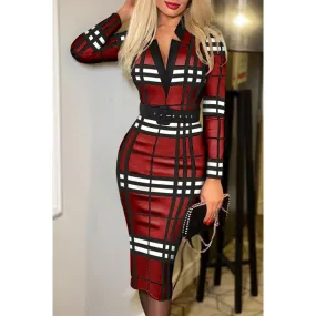 Elegantes Midikleid mit Karo-Print und V-Ausschnitt  Sombra, bordeauxrot