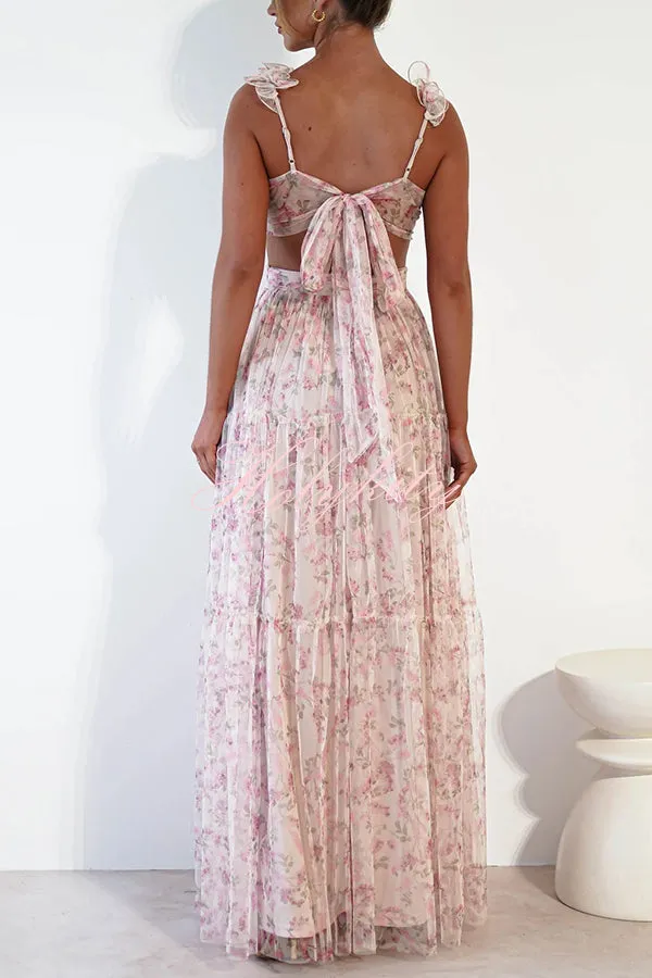 Garden Fairy-Tüll-Maxikleid mit floralem Rüschendetail und ausgeschnittenem Taillenband hinten