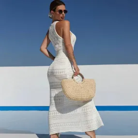 Gehäkeltes Maxikleid mit hohem Schlitz