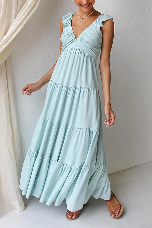 Gestuftes, ärmelloses, wunderschönes Maxikleid mit V-Ausschnitt und Rüschenbesatz