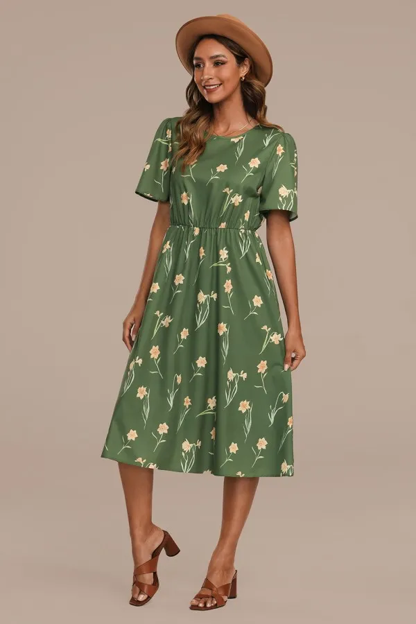 Grünes, halbärmliges Midikleid aus Netzstoff mit Blumenstickerei und V-Ausschnitt