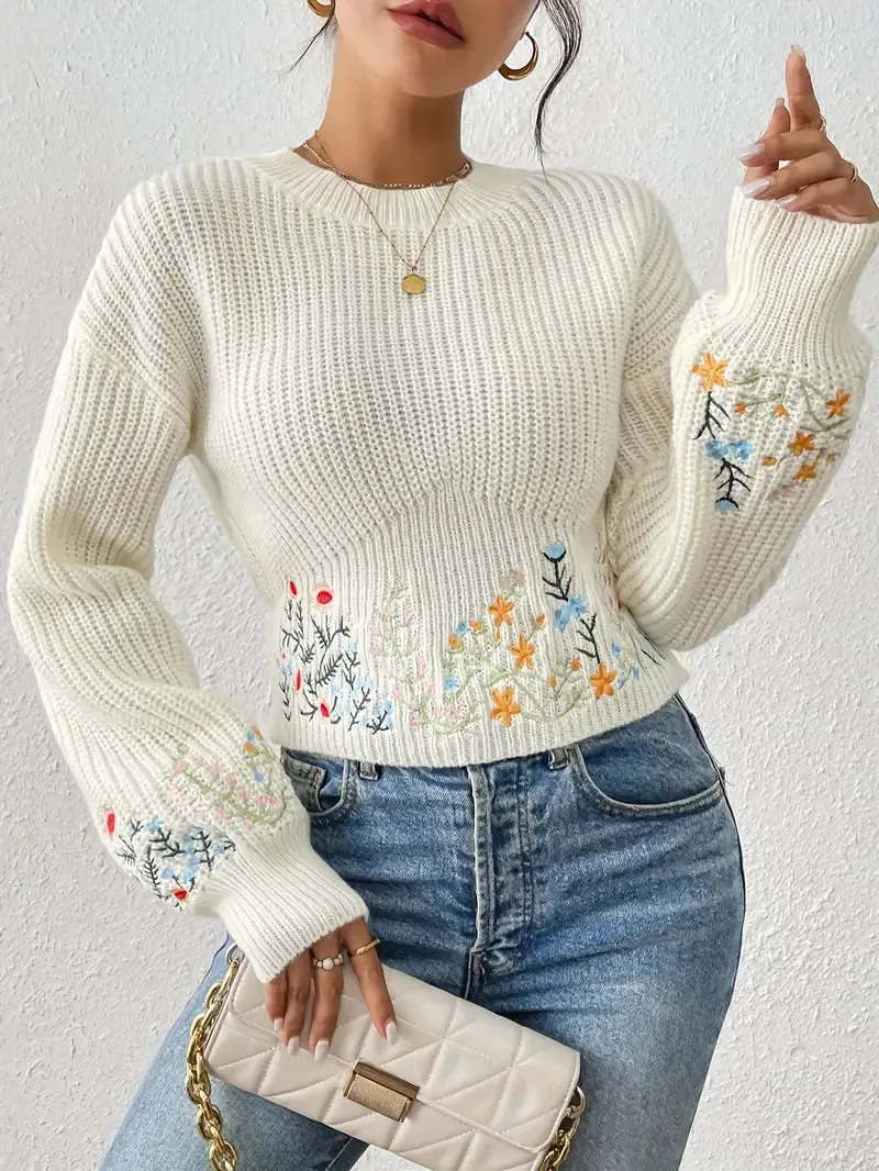 Heidi-Mode | Strick Floral Bestickter Pullover