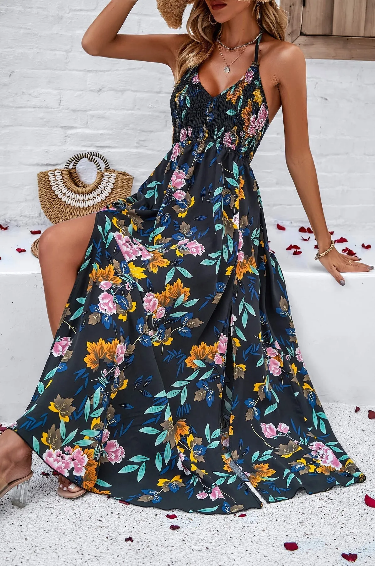 Maxikleid mit Hawaii-Blumenmuster und Raffung am Rücken – Orange