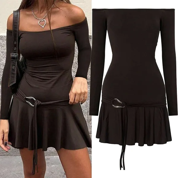 Trägerloses, sexy Minikleid mit Langarm und Rüschensaum zum Binden