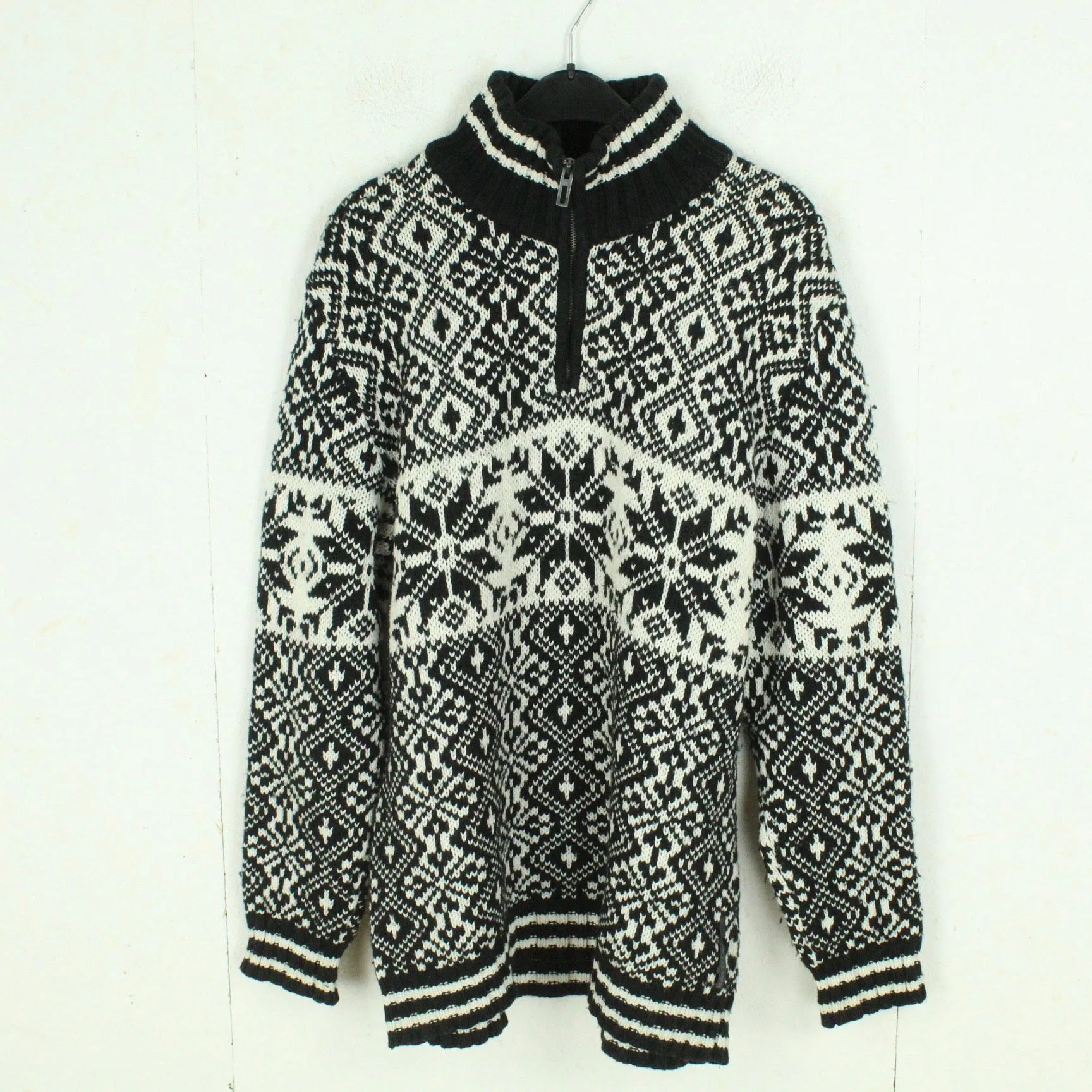 Vintage Pullover mit Wolle Gr. L schwarz wei Crazy Pattern Strick