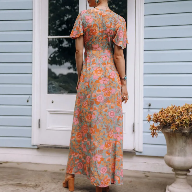 Wickel-Maxikleid mit Blumenmuster und Flatterärmeln